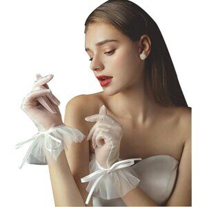 Women's Lvory Bow Short Ruffled Lace Design Gloves Wedding Party Accessories